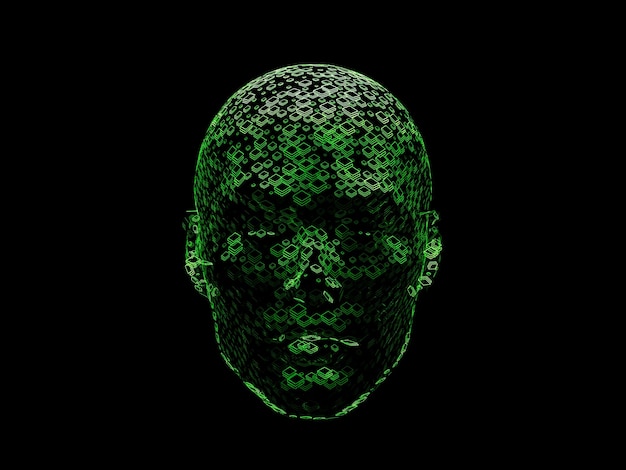 Stratis Crypto Face Head 사이보그 추상 퓨리스틱 홀로그램 기술 3D 렌더링
