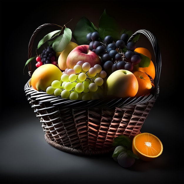 Straw basket with fruits Fruit in a basket on black background