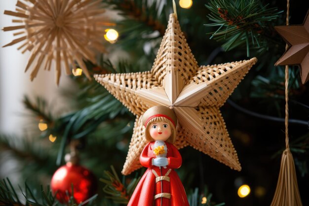 Straw Christmas decoration in the shape of a star with an angel