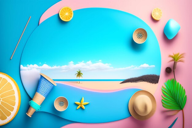 사진 파스텔 블루 배경 여름 컨셉의 밀짚모자와 장난감 야자수
