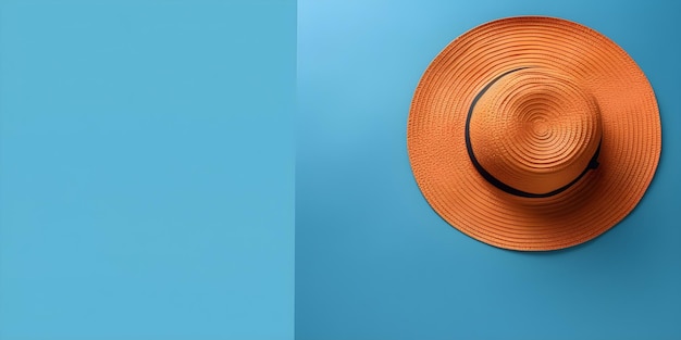 Straw hat on blue background with copyspace