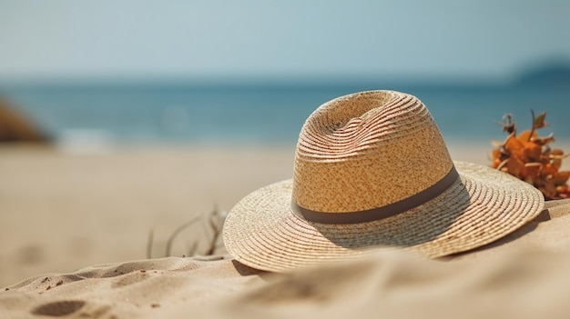 Соломенная шляпа и зеленый чемодан на песчаном пляже, праздничный фон Соломенная шляпа и зеленый чемодан на пляже