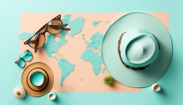 Straw hat map sunglasses and magnifying glass on blue background generated ai