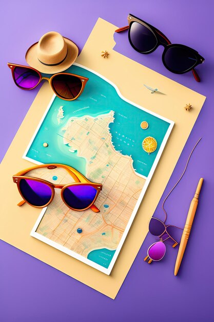 Straw hat map sunglasses and magnifying glass on pastel background