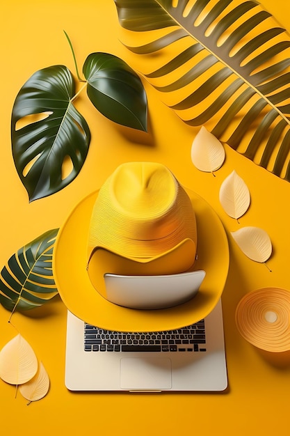 Straw hat model plan laptop magnifying glass sunglasses map and leaves of palm on yellow backgr