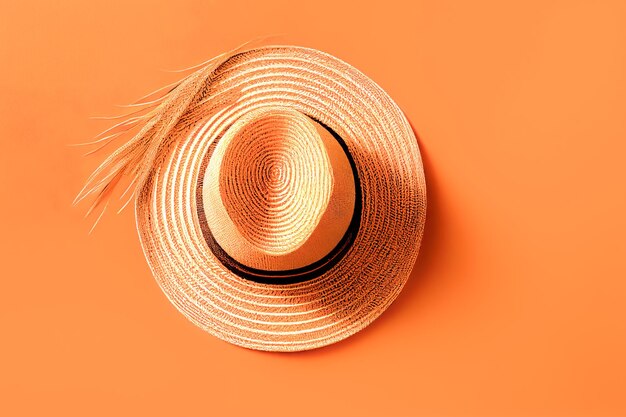 Straw hat on orange background top view Generative AI