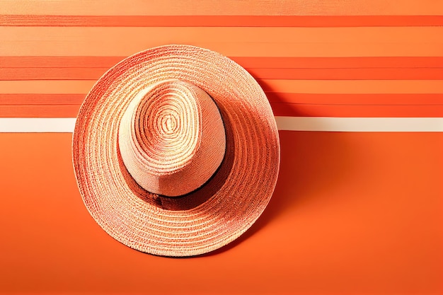 Straw hat on orange background top view Generative AI