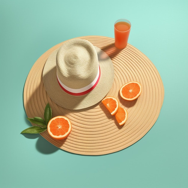 a straw hat and orange slices on a table with a straw hat and oranges.