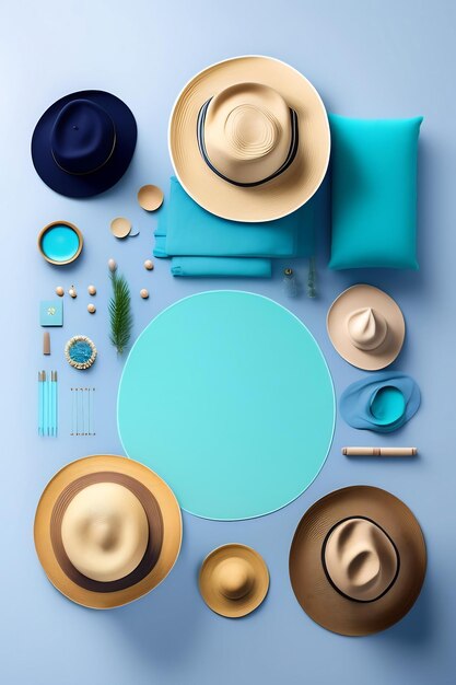 Straw hat on pastel blue background summer concept top view flat lay copy space