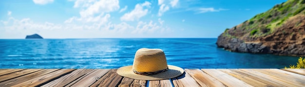 A straw hat resting on a wooden deck with a panoramic view of a secluded cove