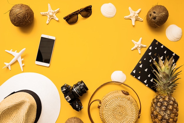 Straw hat, retro film camera, bamboo bag, sunglasses, coconut, pineapple, sea shells and starfish, air plane, notebook and phone