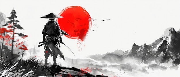 Straw Hat Ronin Minimalist Landscape Silhouette with Mountains Black and White Composition and a Red Brush Stroke Sun