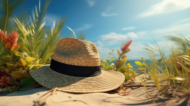 A straw hat on the sand summer vacation