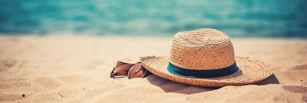 A straw hat sits on a beach with the ocean in the background.
