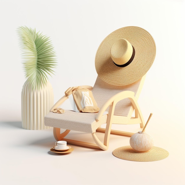 a straw hat sits in a chair with a plant in the background.