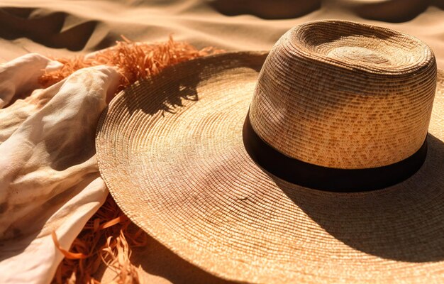 A straw hat sitting on an empty beach towel