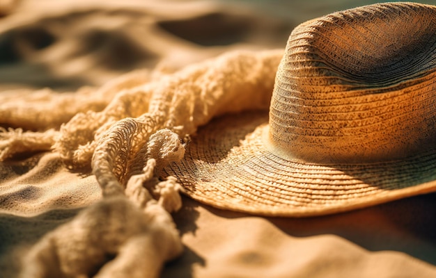 A straw hat sitting on an empty beach towel