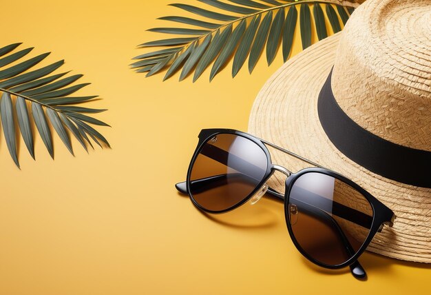 a straw hat and sunglasses are on a yellow background