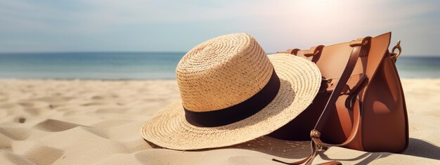 соломенная шляпа солнцезащитные очки и сумка на песчаном фоне морской фон генеративный ИИ