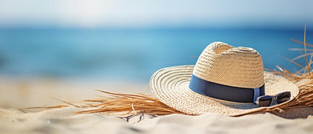 Foto cappello di paglia e occhiali da sole sulla spiaggia