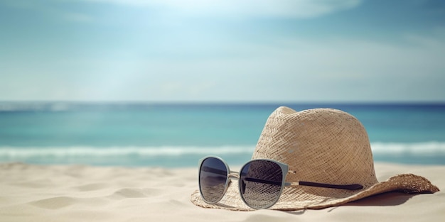 Соломенная шляпа и солнцезащитные очки на пляже