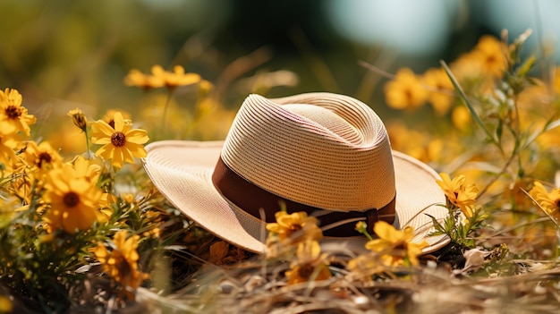 Straw hat and sunglasses on grass with yellow flower