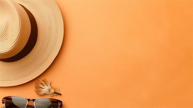 Straw hat and sunglasses on orange background Flat lay top view