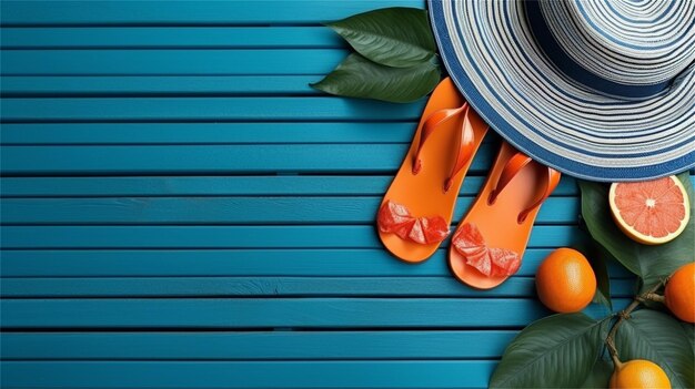 Straw hat sunglasses and oranges on blue wooden background top view