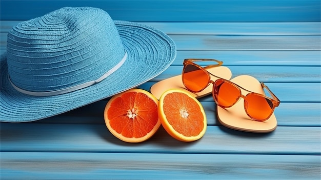 Photo straw hat sunglasses and oranges on blue wooden background top view