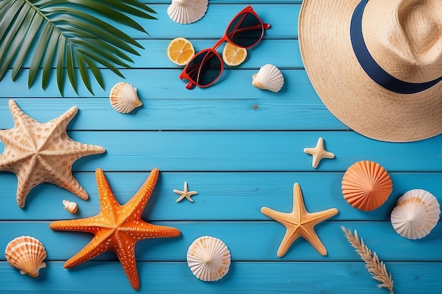 Straw hat sunglasses palm leaves rope seashell and starfish on blue wooden table top view in flat lay style