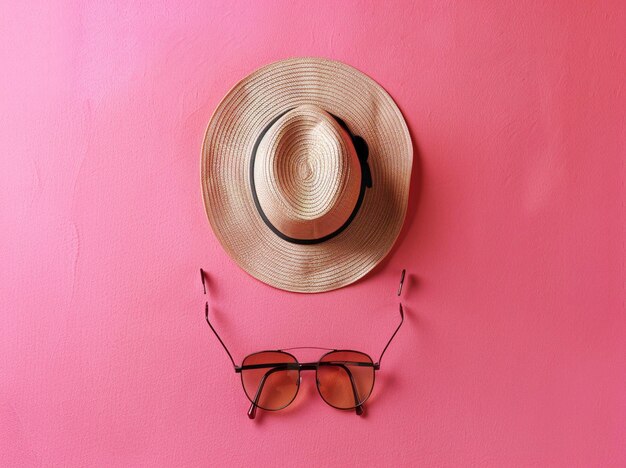 a straw hat and sunglasses on a pink wall