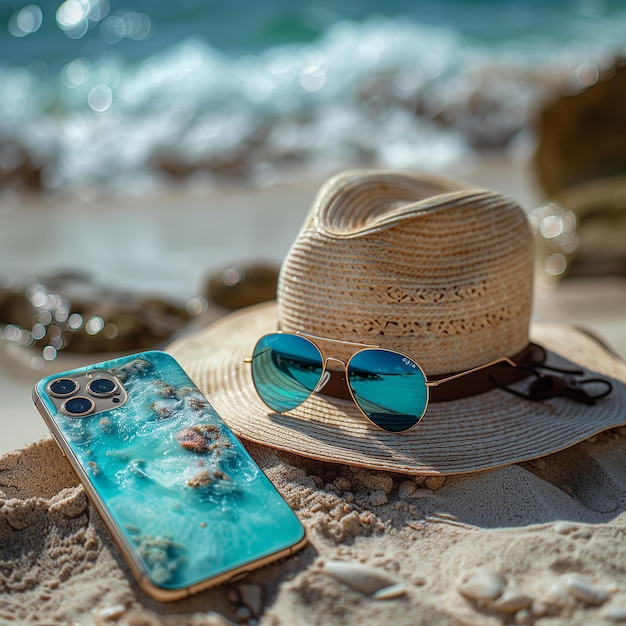 Straw hat and sunglasses on sandy beach with smartphone displaying seascape Summer travel concept