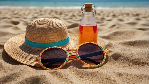 Photo straw hat and sunglasses on sandy beach