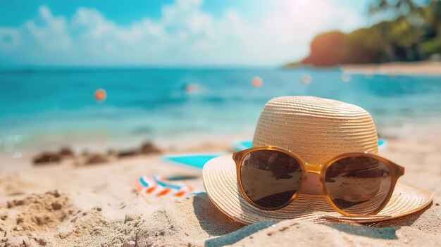 соломенная шляпа и солнцезащитные очки на песчаном берегу