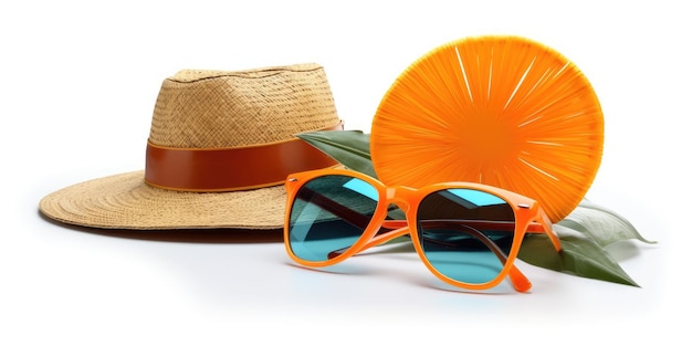 A straw hat and sunglasses sit next to a hat and a orange slice.