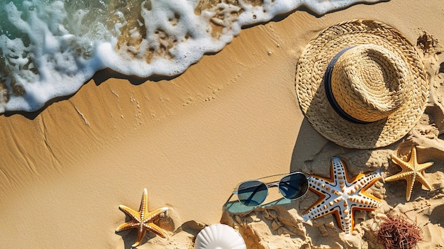 Straw hat sunglasses starfish and seashells on sand