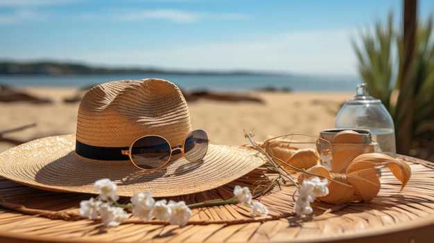 Straw hat sunglasses and towel on table in tan sand and tan sea