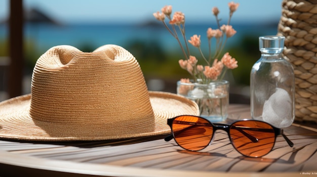 Straw hat sunglasses and towel on table in tan sand and tan sea