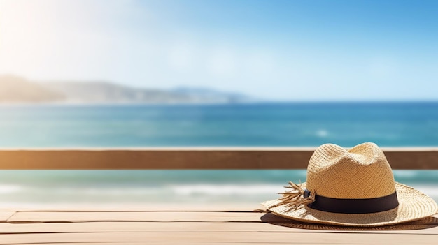 A straw hat and sunglasses with sunlight on a wooden table ocean background