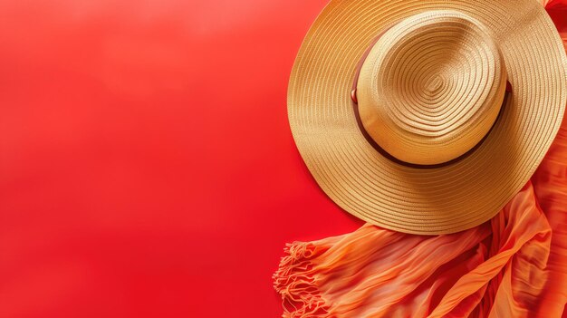 Straw hat on top of orange scarf against red background