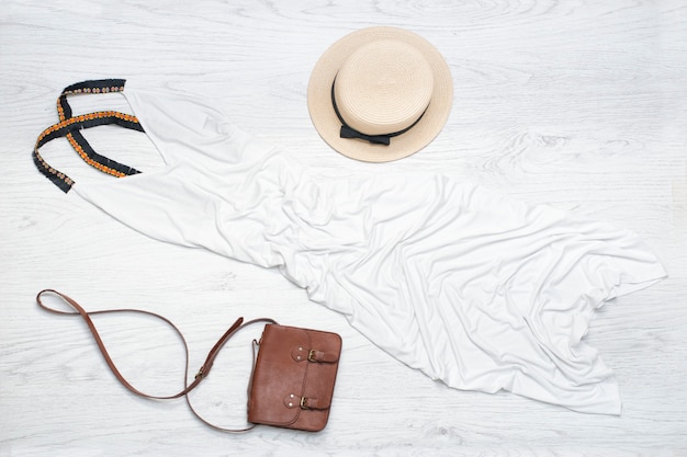 Straw hat, white sundress, handbag