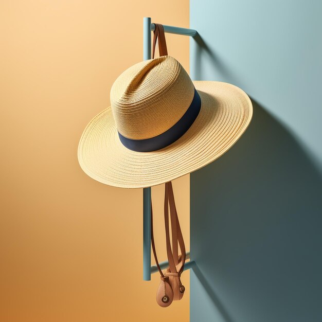 a straw hat with a black band on it is hanging on a hook.