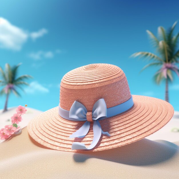 a straw hat with a bow on it is on a beach.