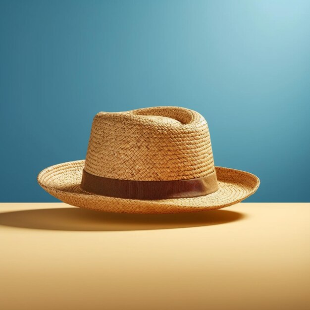 a straw hat with a brown band and a brown band on it.