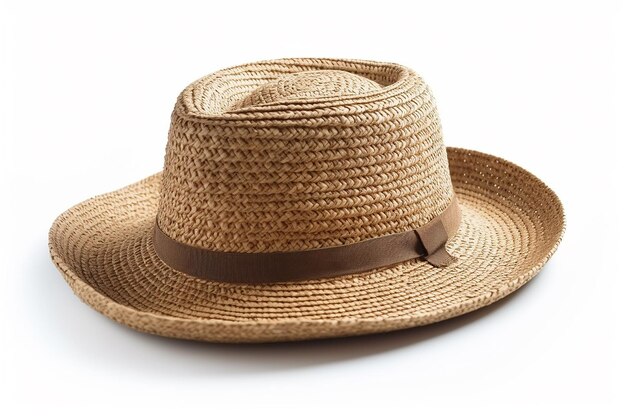 A straw hat with a brown band on it.