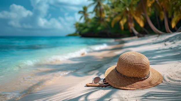 Foto un cappello di paglia con un cocktail esotico e occhiali da sole su una spiaggia sabbiosa concetto di vacanze estive