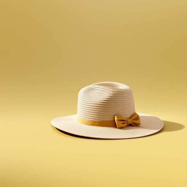 Photo a straw hat with a gold bow on it is on a yellow background.