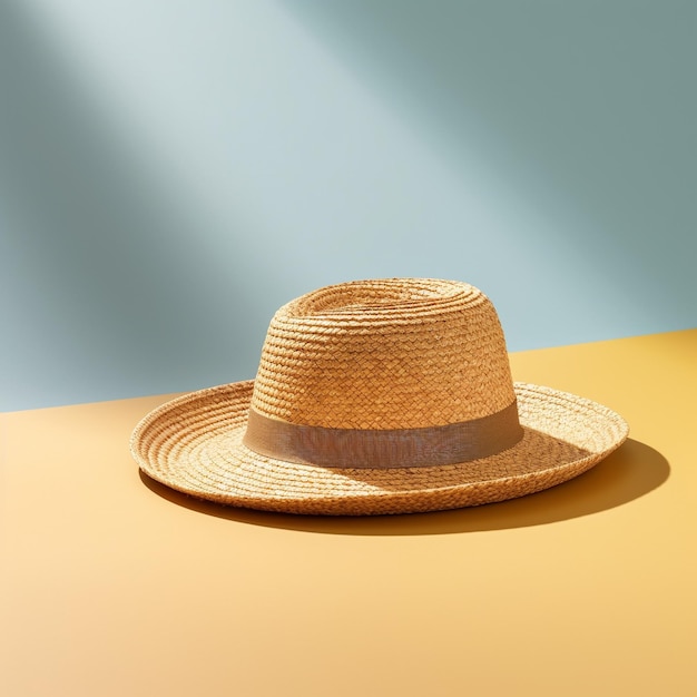 a straw hat with a straw hat on a table.