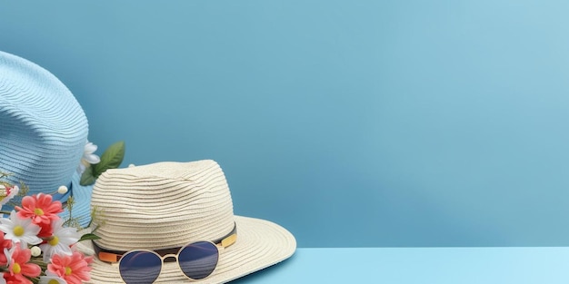 Соломенная шляпа с солнцезащитными очками и соломенная шляпа на столе.
