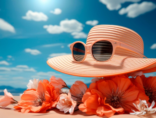 Straw hat with sunglasses and poppies on the beach Generative AI